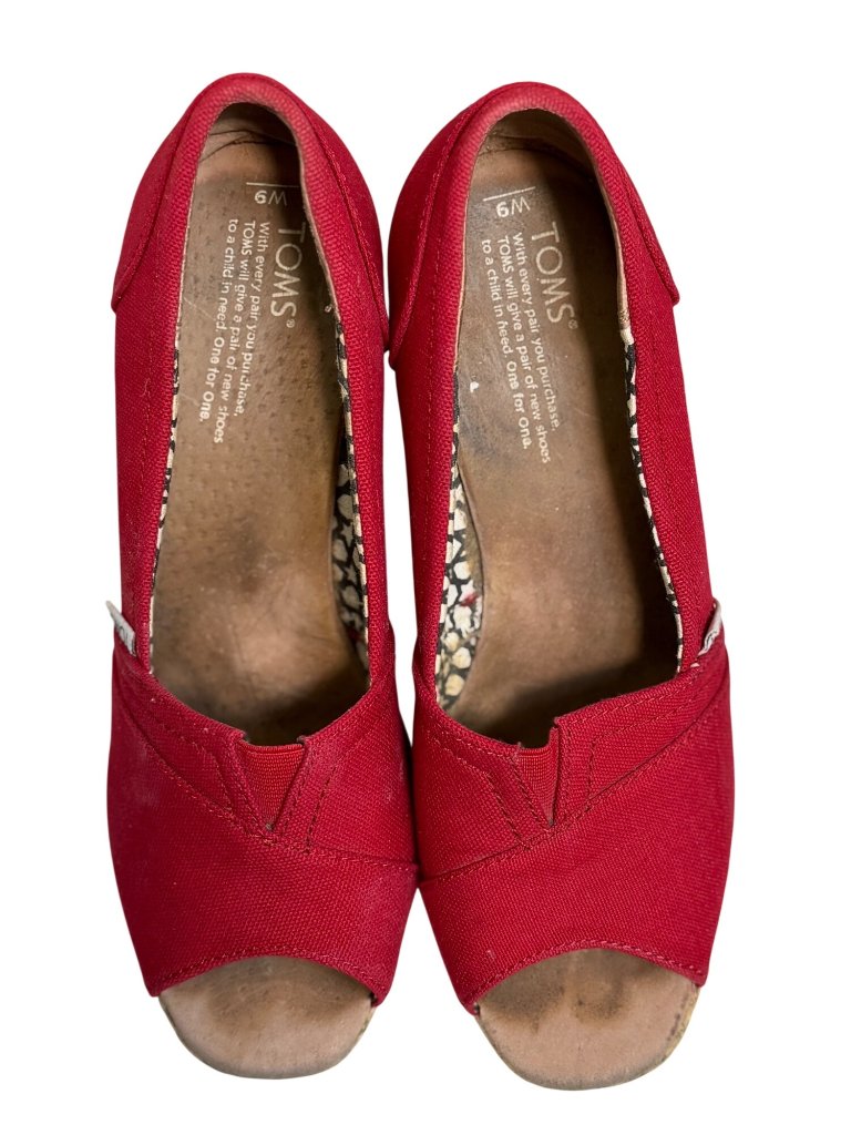 Toms Red Canvas Peep-Toe Wedge Heels Womens Size 9m Espadrille Style